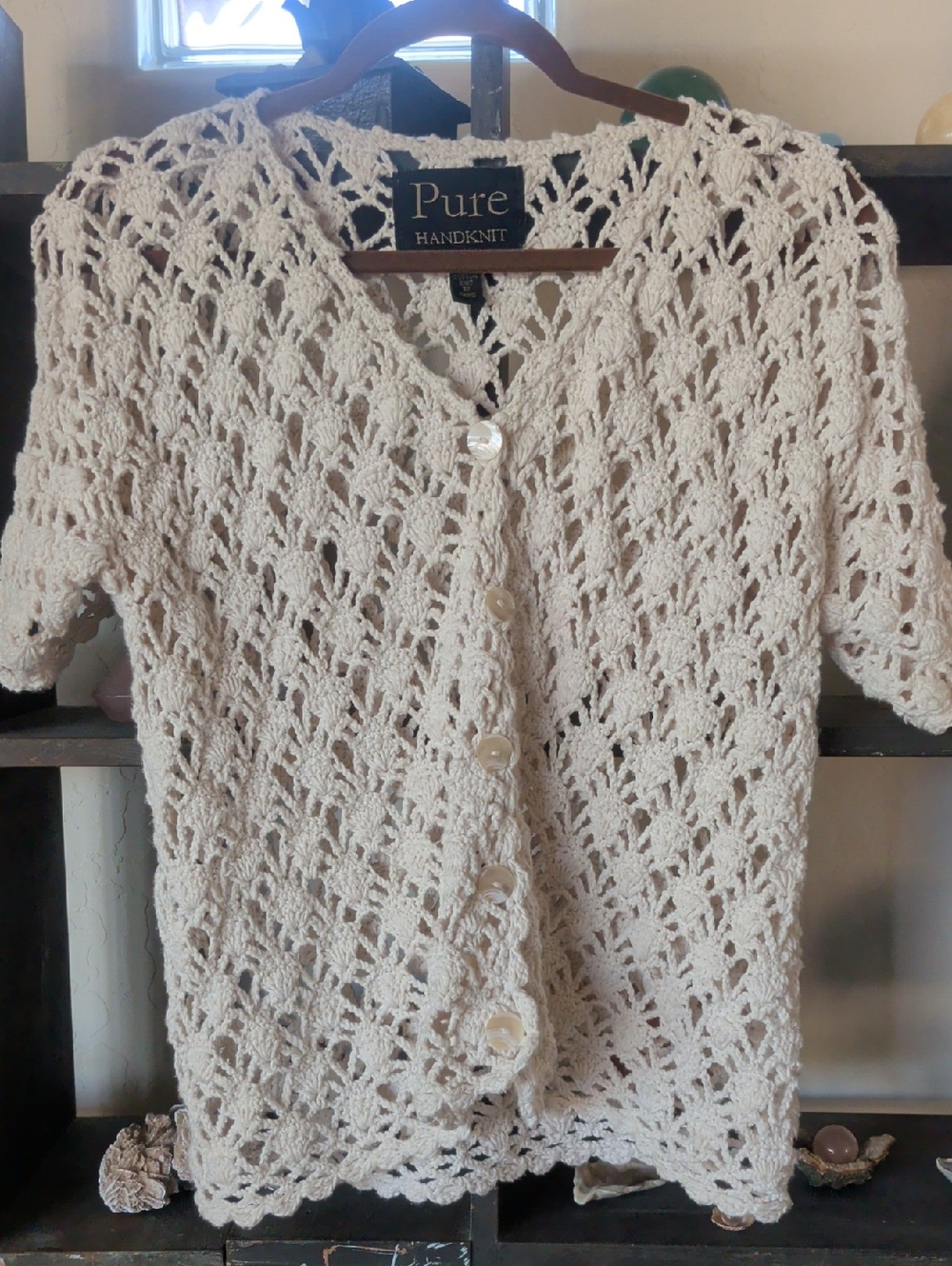 Cotton Pure Handknit Cream Crochet Cotton Cardigan
